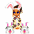 Pixelated cartoon character with bunny ears and a patterned outfit on left, green text logo on dark background right.