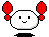 Two pixel-art frames of a white rounded character with red crab claws, smiling on gray background.
