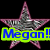 A star-shaped icon with a pink outline and silver glittery fill, featuring blue text reading "Megan!" on the left side.
