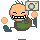 Pixel art animation of a bald cartoon character with spiky hair holding a camera, showing three sequential frames of movement against gray background.