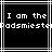 Black background with white pixelated text reading "I am the" above partial text, framed by a of thin gray and white lines