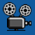Pixelated film projector with two reels on blue background, showing animation change in reel positions.