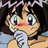 Pixelated anime-style character with large blue eyes, black hair, and a light-colored shirt against dark background.