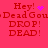Red pixelated text on pink background with animated purple heart and starburst symbols above 'Hey!' in four repeated