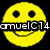 Yellow smiley face with black eyes and mouth, overlaid with white text 'amuelC14' on black background.