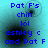 Blue pixelated text on a cyan background with four black circular smudges, arranged in two of two
