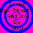 Four identical circular icons with blue concentric rings on a bright pink background, each containing text in dark brown pixelated font.