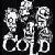 A black-and-white pixelated contact sheet showing two frames of an animated icon with three cartoonish faces and stylized text below them.