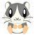 Pixelated hamster-like character with gray and white fur, large black eyes, orange paws, and a small smile on a light gray background.