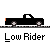 Pixelated black pickup truck with orange taillights and silver wheels on gray background, labeled Low Rider in white text below.