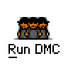 Animated contact sheet of 14 frames showing a pixelated Run DMC icon with alternating crown and treasure chest designs, each labeled "Run DMC" in white text on gray background.