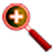 A pixelated magnifying glass icon with a red handle and circular lens containing a white plus sign over green-brown gradient background.