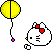Pixel art of a white cat with red bow, yellow balloon props, and confetti in two animation states.