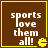 Brown square with yellow border contains white text "sports love them all!" and a yellow Pac-Man icon, where the Pac-Man mouth alternates between open and closed states.