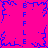 Pixelated blue text and abstract shapes on a bright pink background, with vertical "FFLE" flanking central branching patterns