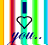 Static pixel art icon featuring vertical rainbow stripes with a heart symbol and handwritten text on a white background.