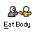 Pixel art animation of a gray figure eating a white spherical body with red mouth, yellow hands, and orange flame-like effects on the ground.