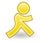 A pixelated yellow figure with a circular head, outstretched arms, and legs in a walking pose on a gray background.