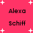 A static image with a bright pink background featuring white star shapes and repeated text "Alexa" and "schiff" in black pixelated font.