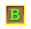 A static square icon with a yellow border shows a green letter B on a brown textured background; three animated cube views display the same B in green, purple, and yellow across different faces.
