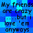 Blue pixelated text repeats 'My friends are crazy ...but i love 'em anyways' in a pattern with no visible animation changes