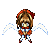 Pixel art character with brown hair and red headband, wearing orange vest over blue shirt, white pants, red shoes; wings extend from back in four distinct poses.