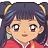 Pixelated anime-style character with dark blue hair, two golden crescent-shaped hair accessories, and a red garment with white trim.