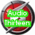 Circular red icon with silver border and stylized 'S' symbol, featuring green text overlay reading "Audio Thirteen" in first frame.