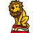 Animated sequence of a yellow lion with brown mane in three poses: sitting, crouching, and roaring, each showing distinct facial expressions.