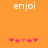 Orange background with white text 'enjoi' at top and pink heart symbols below, showing two animation frames where hearts shift position.