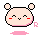 Pixel art character with rounded head, two ears, closed eyes, red cheeks, and pink lower face against gray background.