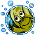 A circular icon with a green cartoon character's face, large eyes, and a blue background with small blue and white shapes.