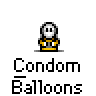 Animated contact sheet of a pixel art character holding and releasing blue balloons, with text "Condom Balloons" below each frame on gray background.