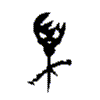 A stylized figure with a flame-like head, stick-figure body, and crossed limbs in black, orange, red, and yellow variations.