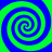Four identical blue and green spiral patterns arranged in a on a solid background, each with alternating color bands forming continuous swirls