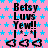 Pink background with blue star pattern, repeated text "Betsy Luvs Yew!! I *-i" and three black pixelated shapes resembling hearts or arrows.