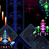 Pixel art scene with two mecha-style ships on dark platforms against a starry space background, featuring blue structures and orange projectiles.