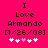 A bright pink background displays black pixelated text reading "I Love Armando [1/26/08]" with five white and light pink heart symbols below, where the third heart changes from white to light pink between two states.