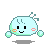 Four pixelated light blue characters with black eyes, orange cheeks, and green limbs float against a gray background, each in a distinct pose.