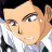 Pixelated anime-style character with light skin and dark hair, wearing a white and blue uniform, against a black background with silver text.