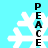 Four white snowflake icons on a cyan background with vertical black text reading PEACE, each icon showing slight pixel variation.
