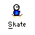 Pixelated character in blue shirt and white head on various skateboarding poses with props like ramps, bricks, and a speech bubble.