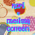 Pixelated text names in various colors over a patterned background with circular and floral shapes.