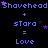 Pixelated text and star symbols repeat in a pattern on a black background with blue and purple hues
