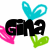Two side-by-side pixelated images of 'GMA?' text with blue heart-shaped ears, pink and green leaf-like shapes below.