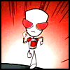 Animated character with white head and red goggles stands against red gradient background, shifting poses across four