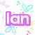 Pixelated icon with purple 'Ian' text surrounded by pastel butterflies and floral shapes on white background.