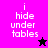 Pixelated text 'i hide under tables' on split background with black and pink star icons, animated between purple and magenta backgrounds.