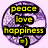 Six circular icons display 'peace love happiness =]' text in different colors over a purple patterned background with visible animation changes.
