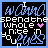 Pixelated animated buddy icon with blue and white text on black background, featuring a heart symbol that changes color between frames.